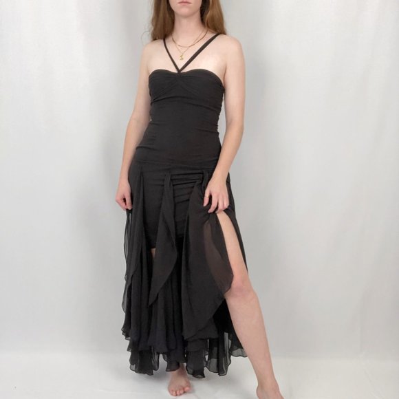 Stunning 100% Silk BCBGMaxAzria Ruffle black Draped Maxi Dress/gown. Halter. - Picture 6 of 9